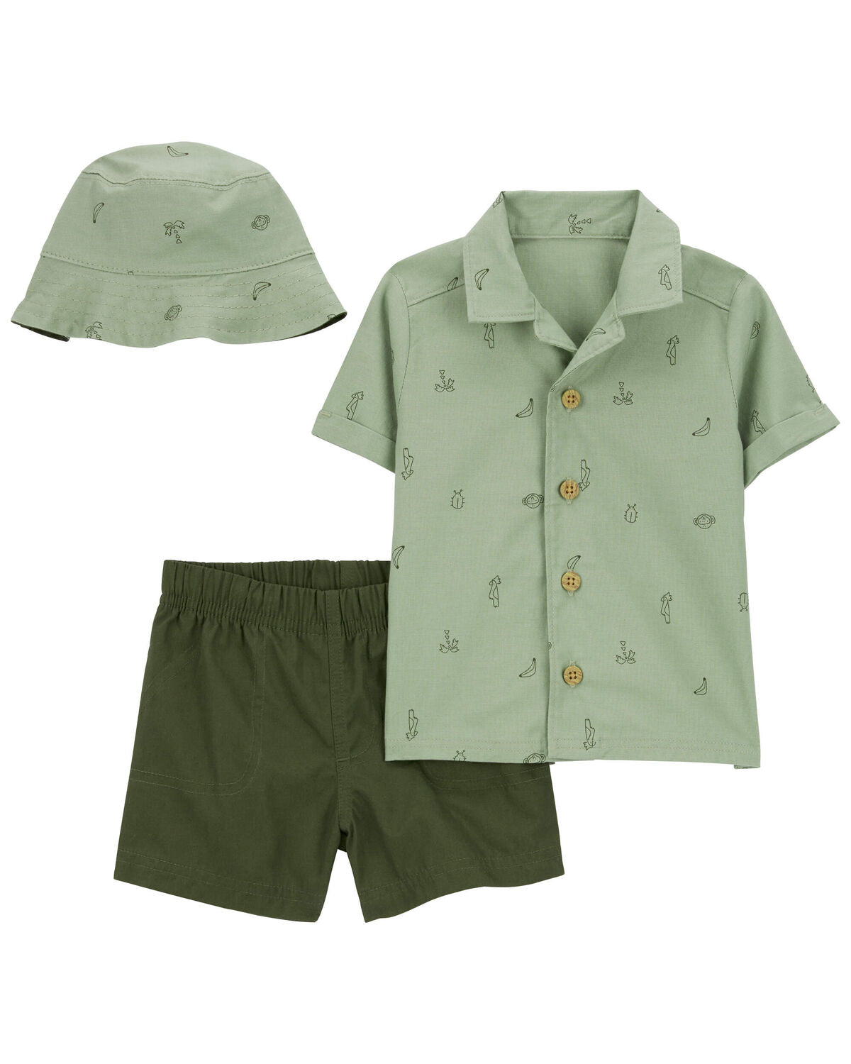 Set 3 piezas Carters bebe niño short verde camisa verde sombrero