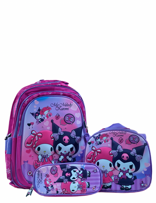 Mochila en Set My Melody Kuromi rosada “17” pulgadas lonchera y lapicera