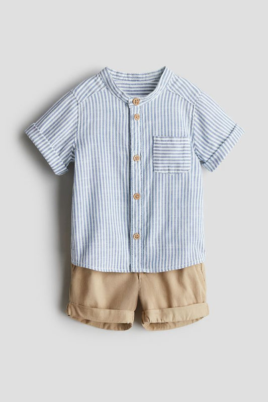 Set 2 piezas niño place camisa formal rayas short beige