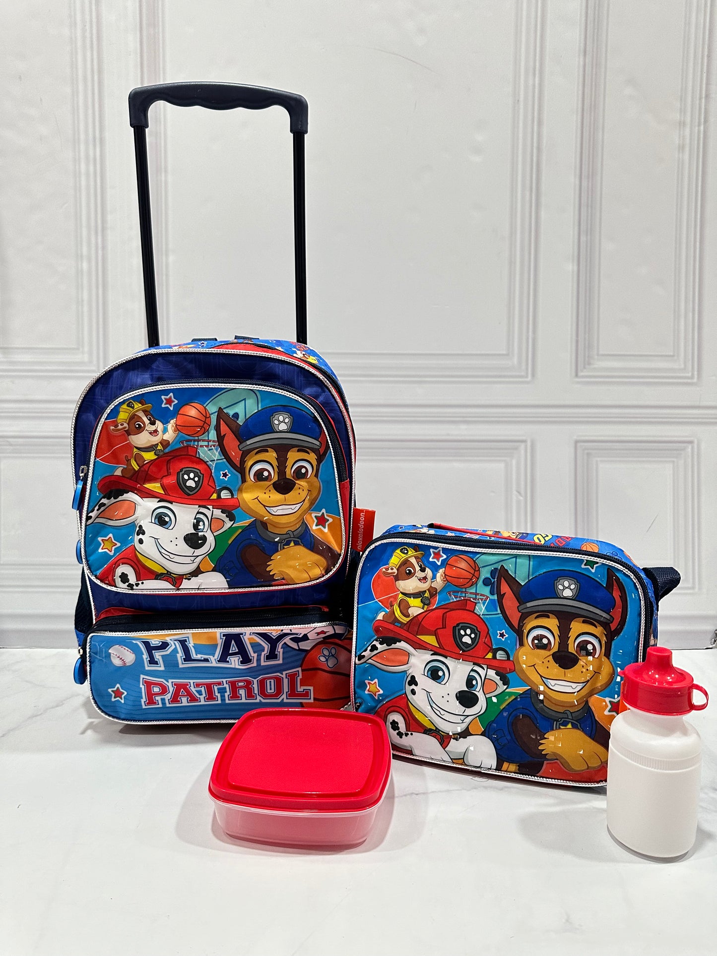 Mochila con ruedas y Lonchera Paw Patrol con pana y termo azul oscuro play niño