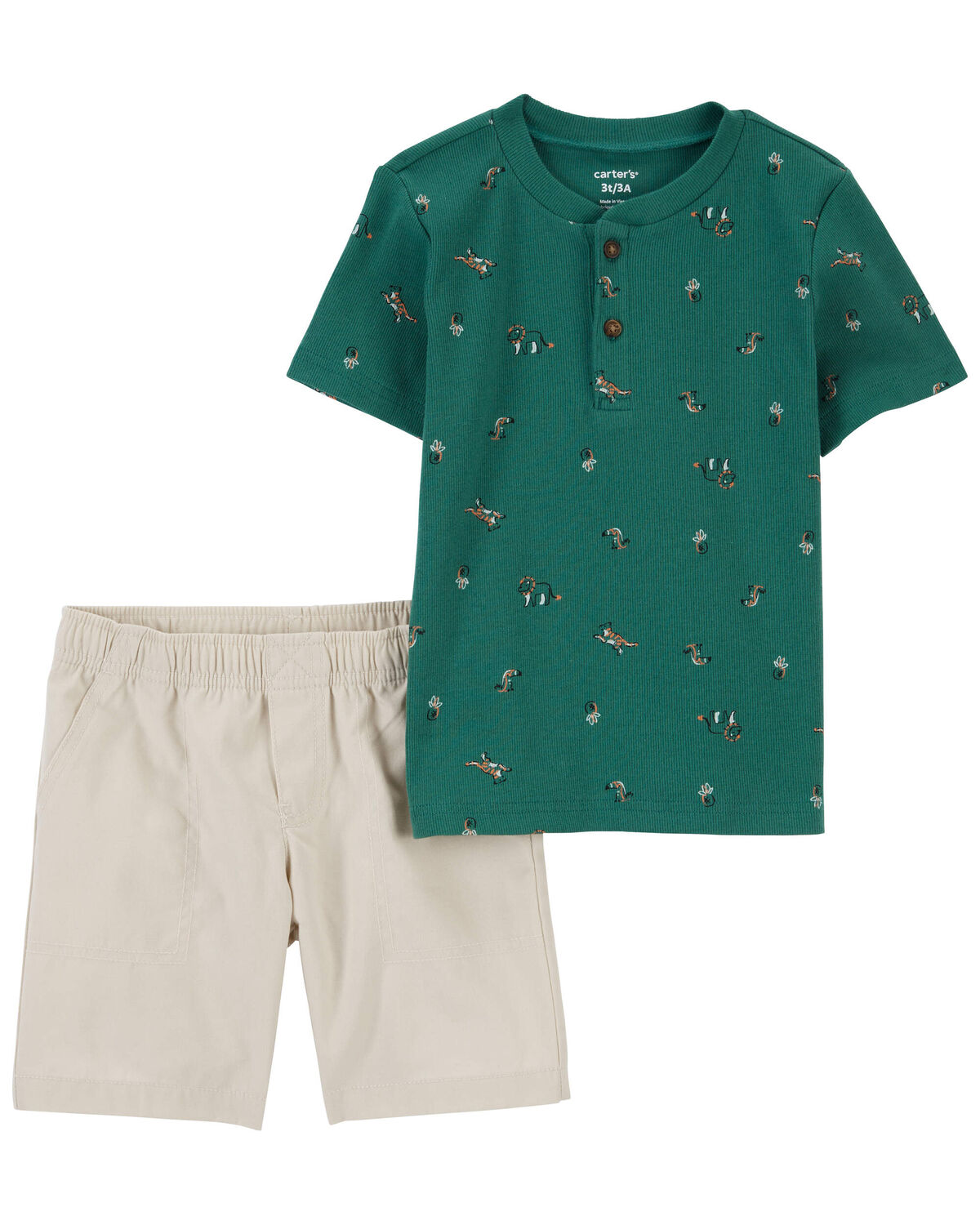 Set 2 piezas Carters bebe niño short beige camisa verde