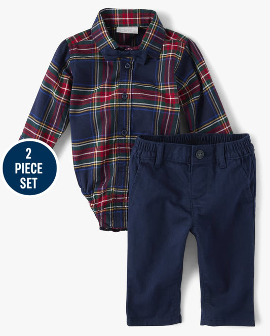 Set 3 piezas bebe niño childrens place camisa cuadros azul corbatin