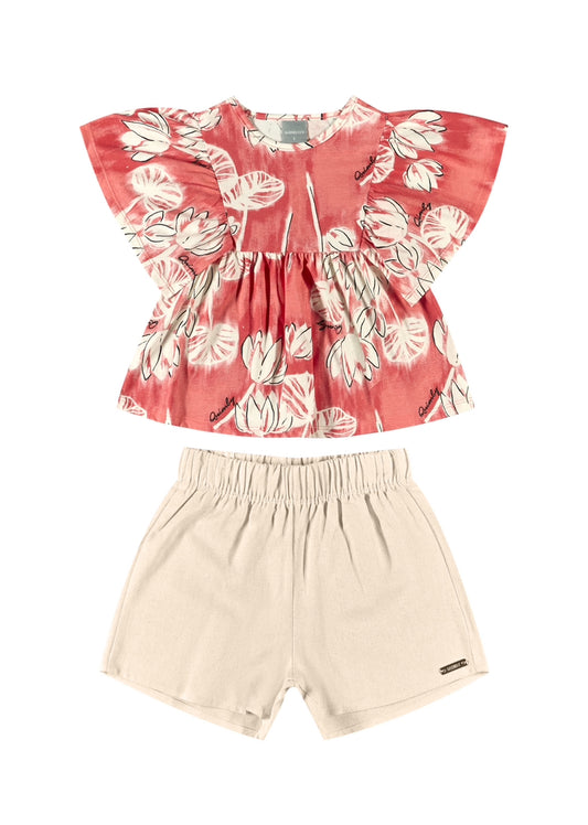 Set 2 piezas quimbykids short beige camisa roja flores 34160