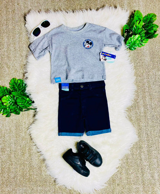 Set 2 piezas Mickey camisa gris short jean bebe niño