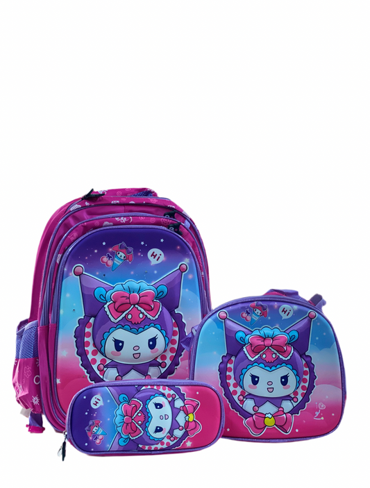 Mochila rosada kuromi chongo “17”pulgadas lonchera y lapicera.