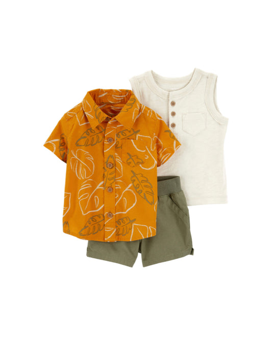 Set 3 piezas Carters short verde camisa amarilla bebe niño