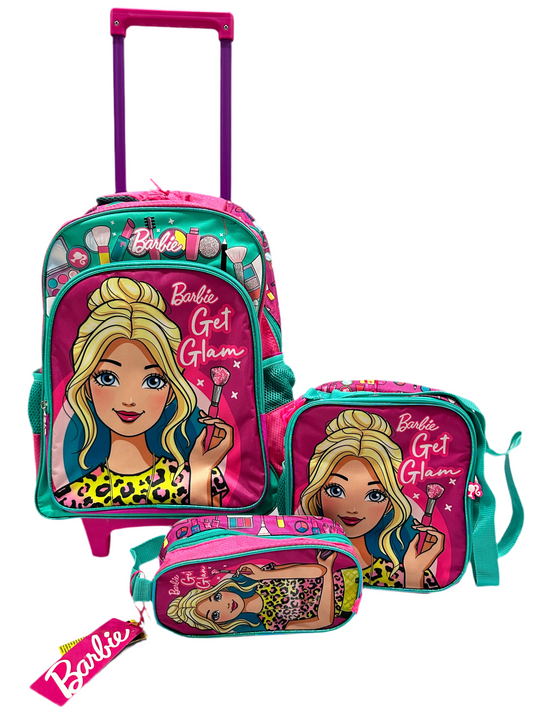 Mochila con ruedas, Lonchera y cartuchera Barbie get glam