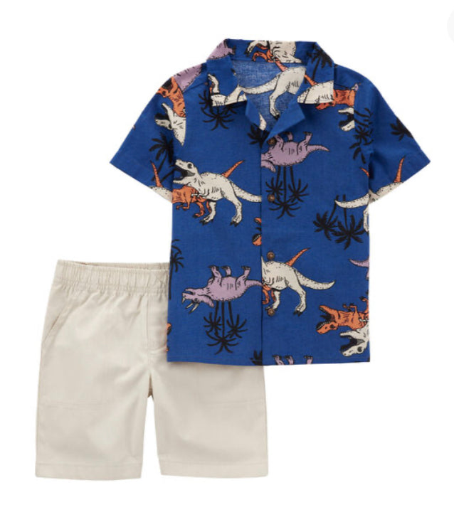 Set 2 piezas Carters short beige camisa dinosaurio azul bebe niño