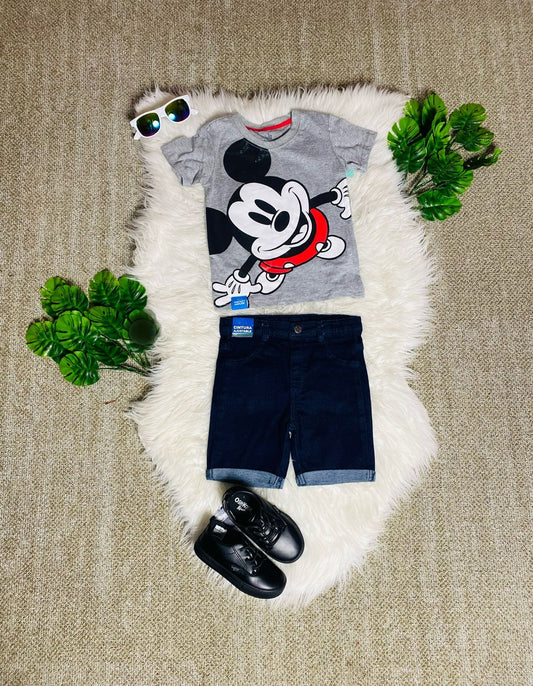 Set 2 piezas Mickey camisa gris short jean bebe niño