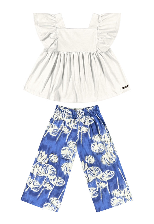 Set 2 piezas quimbykids pantalon azul flores camisa blanca 34188