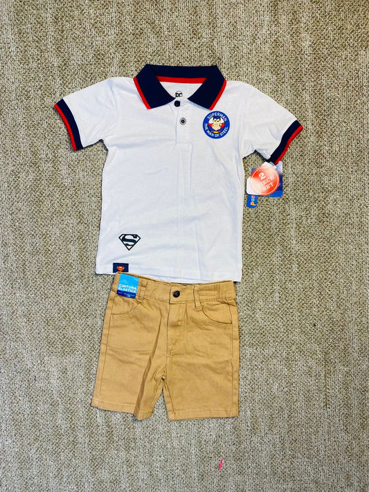 Set 2 piezas camisa blanca short beige superman Niño