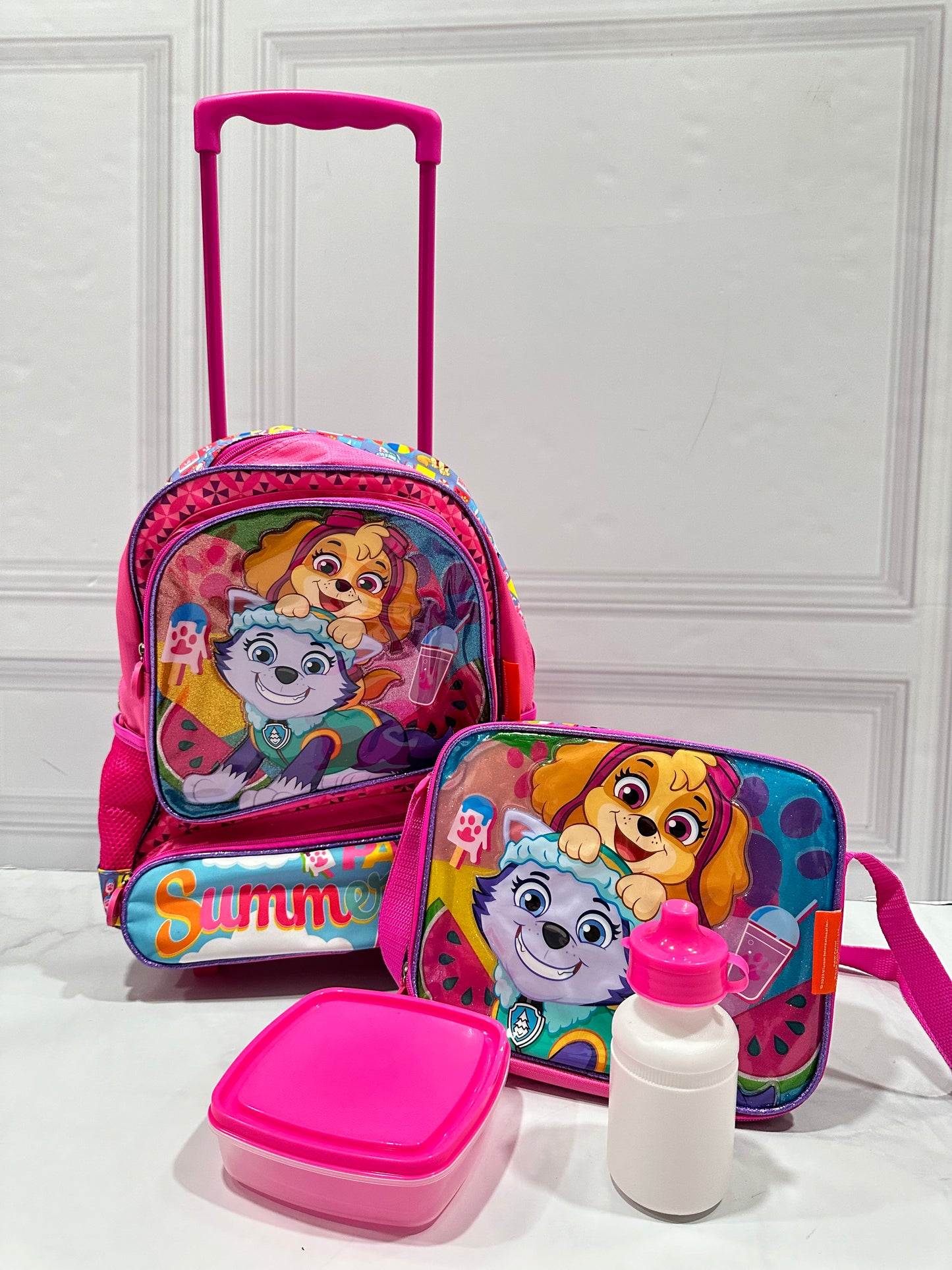 Mochila con ruedas y Lonchera Sky Paw patrol con termo y pana