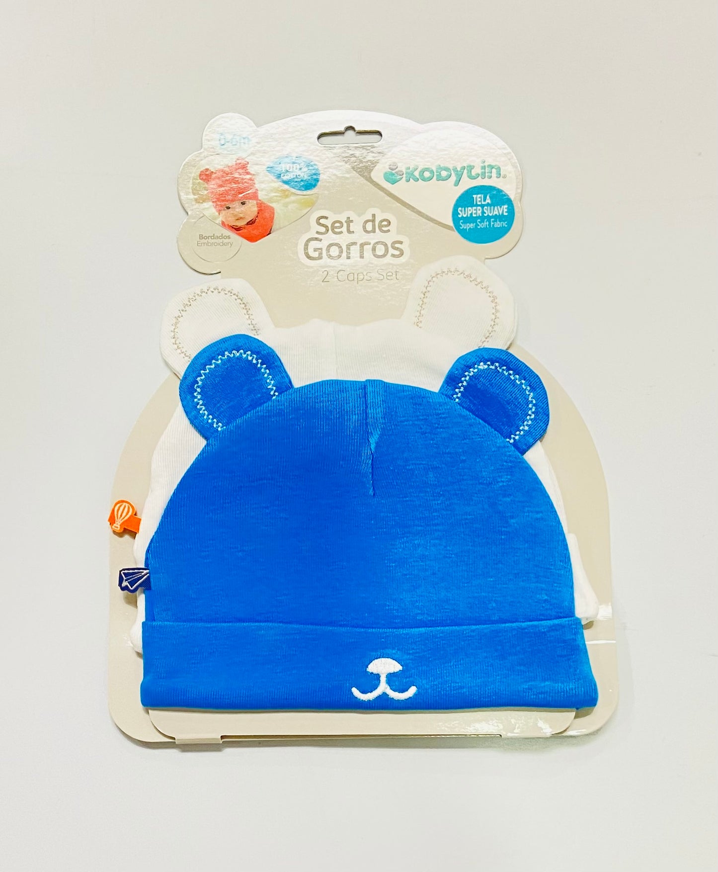 Set 2 gorros azul blanco Kobytin bebe niño niña