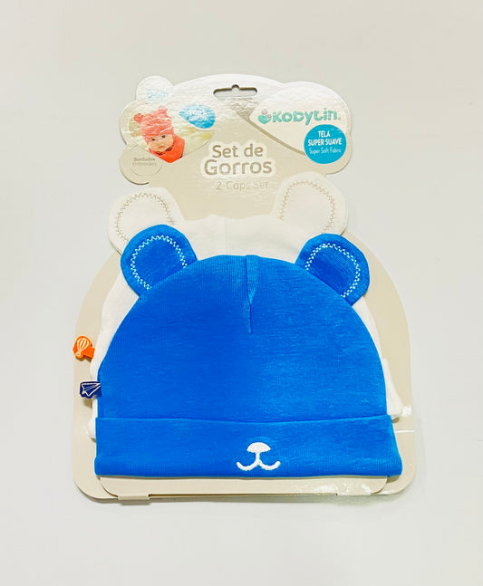 Set 2 gorros azul blanco Kobytin bebe niño niña