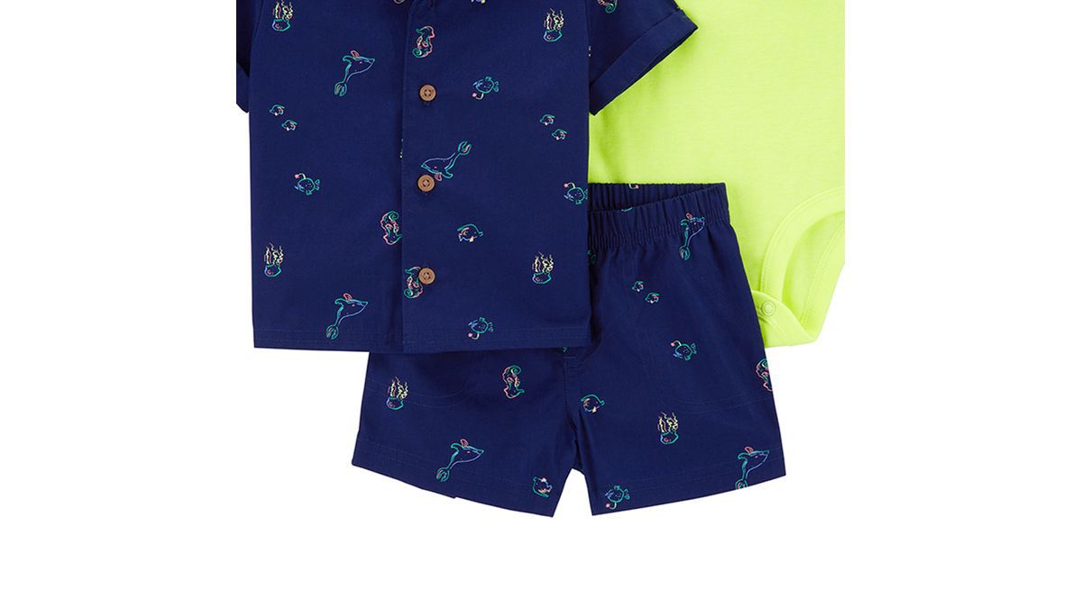 Set 3 piezas Carters bebe niño short camisa mameluco verde azul