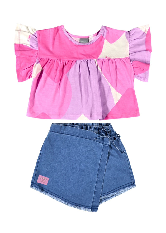 Set 2 piezas quimbykids falda short jeans camisa rosada 34167