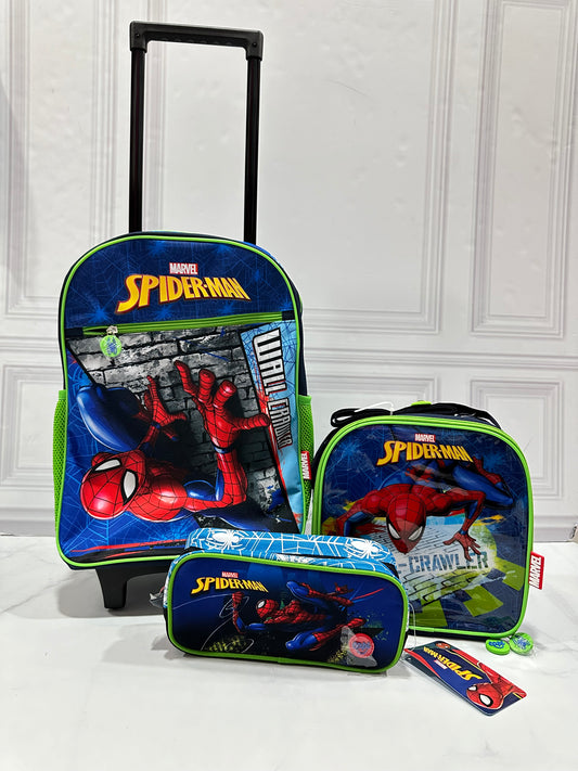 Mochila con ruedas, Lonchera y cartuchera spiderman niño