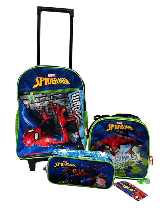 Mochila con ruedas, Lonchera y cartuchera spiderman niño