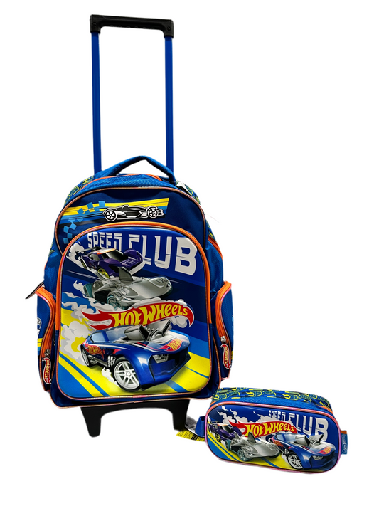 Mochila con ruedas y cartuchera hot wheels carros niño