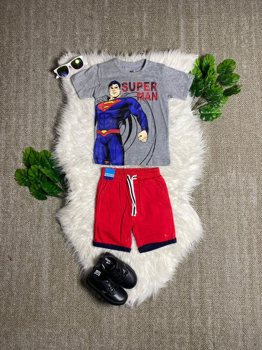 Set 2 piezas short camisa gris superman niño