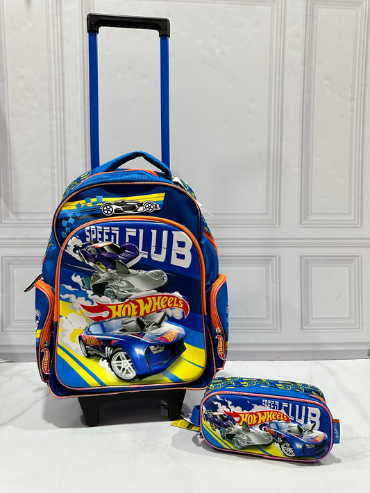 Mochila con ruedas y cartuchera hot wheels carros niño