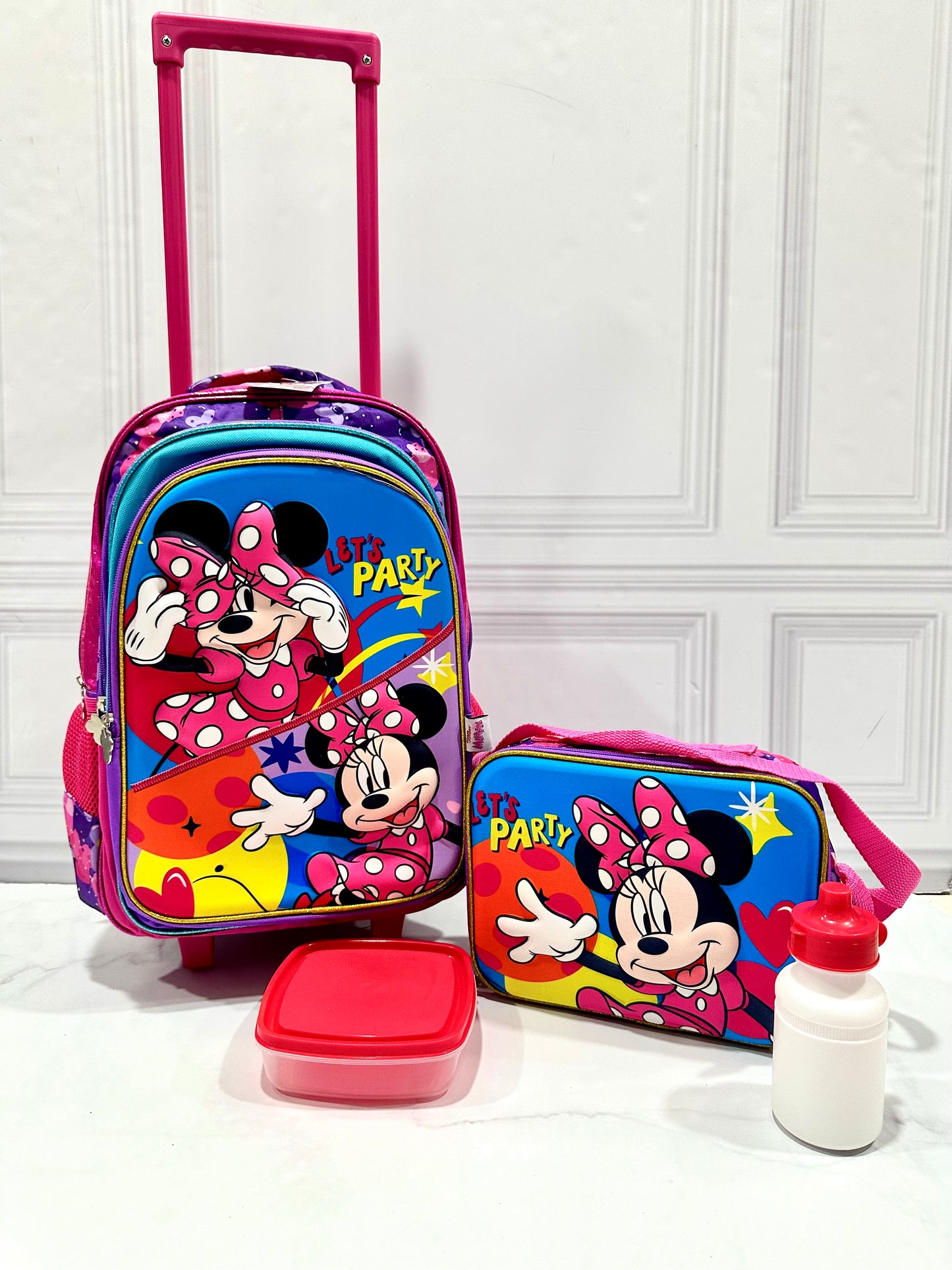 Mochila con ruedas y Lonchera Minnie pana y termo