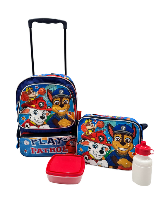 Mochila con ruedas y Lonchera Paw Patrol con pana y termo azul oscuro play niño