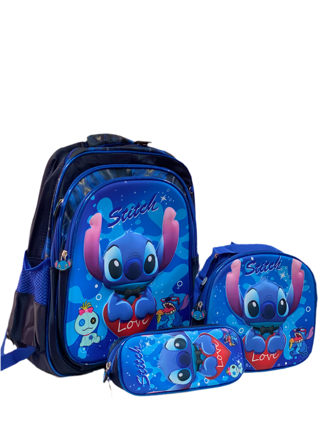 Mochila Stitch azul love “17”pulgadas lonchera y lapicera.