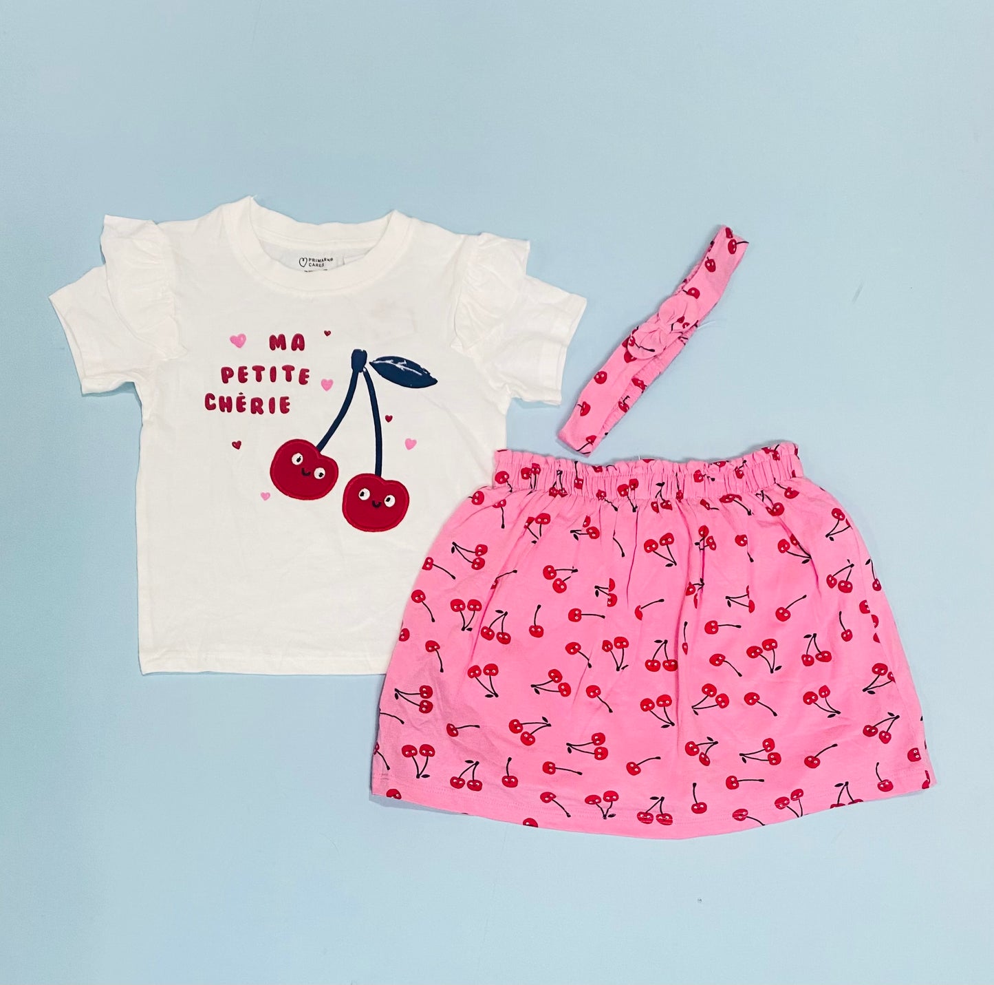 Set 3 piezas cerezas falda short camisa bebé niña