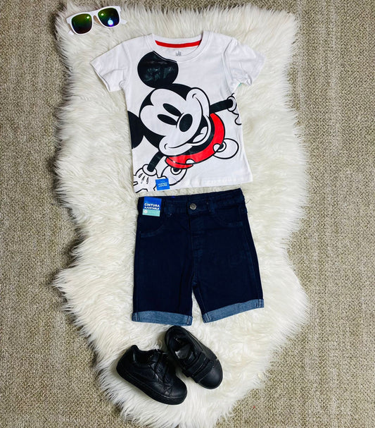 Set 2 piezas Mickey camisa blanca short jean bebe niño