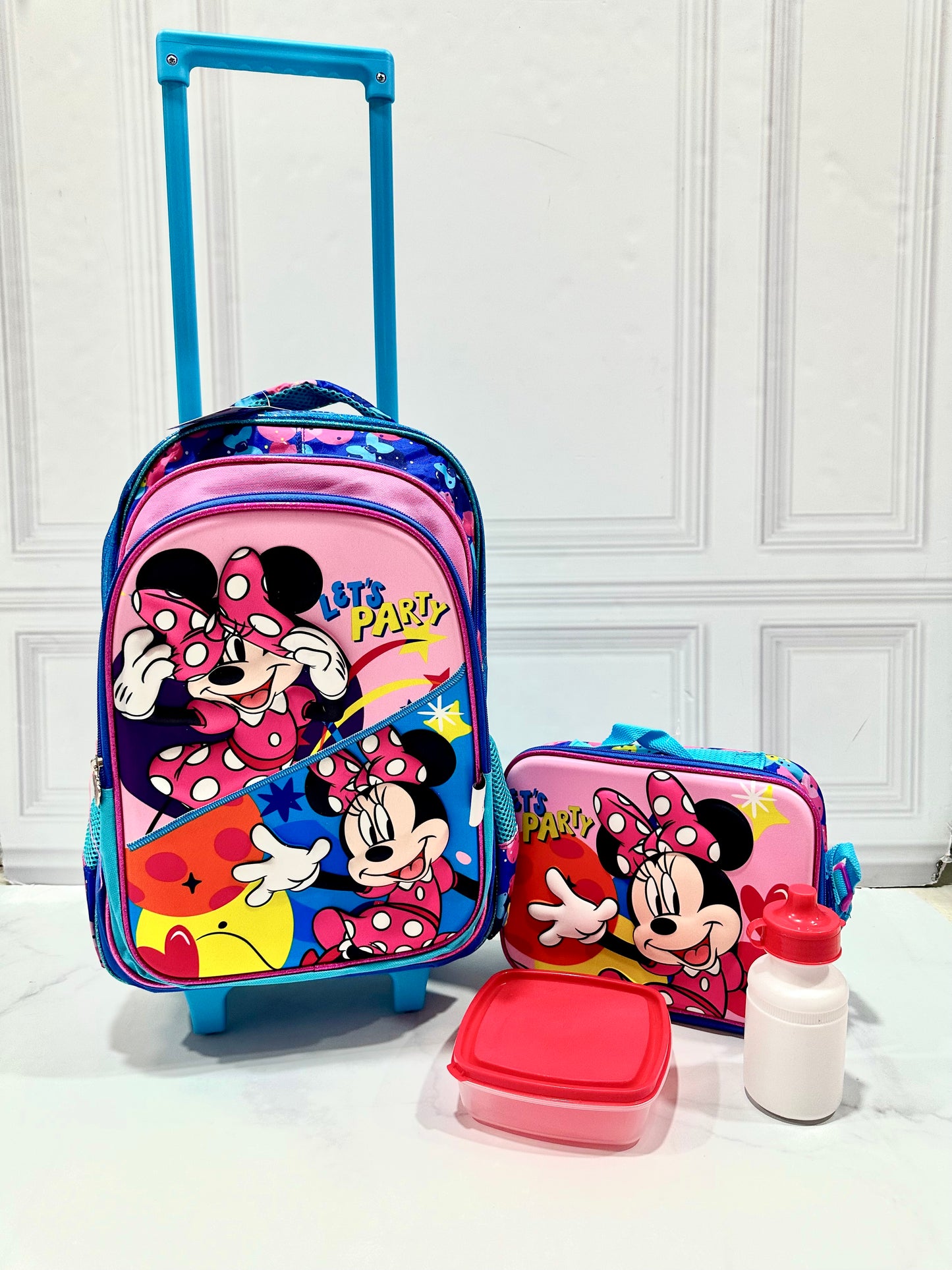 Mochila con ruedas y Lonchera Minnie pana y termo