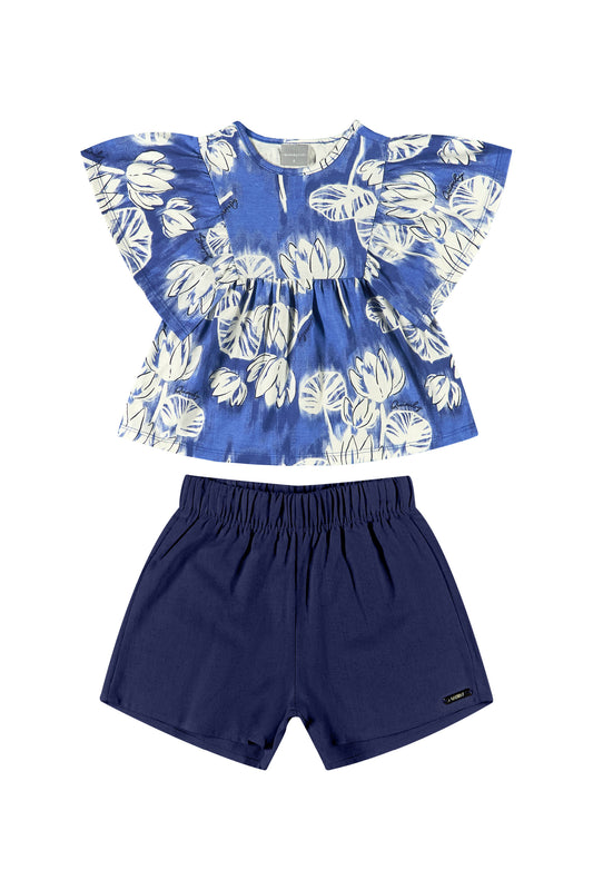 Set 2 piezas quimbykids short azul camisa flores 34160