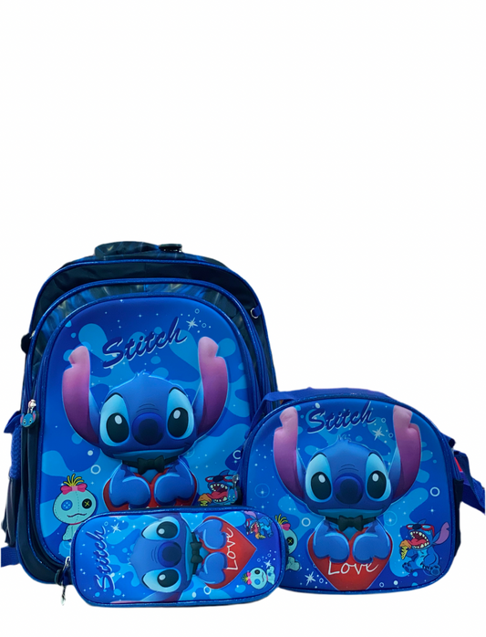 Mochila Stitch azul love “17”pulgadas lonchera y lapicera.