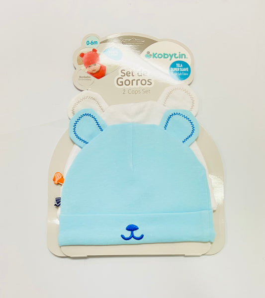 Set 2 gorros  azul celeste  blanco Kobytin bebe niño niña