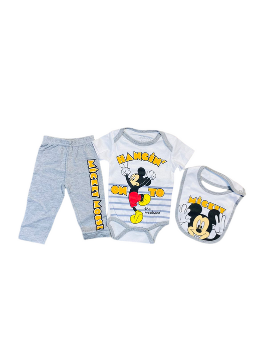 Set 3 piezas mameluco bebe niño mickey disney gris