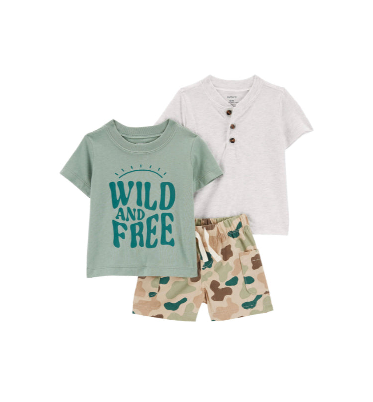 Set 3 piezas Carters short moteado camisa verde bebe niño