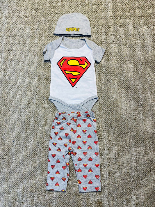 Set 3 piezas mameluco bebe niño superman gris