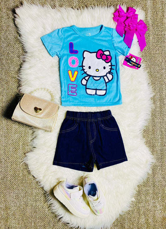 Set 2 piezas niña camisa azul celeste Hello Kitty