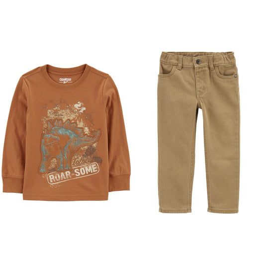 Set carters niño camisa dinosaurios pantalón café beige