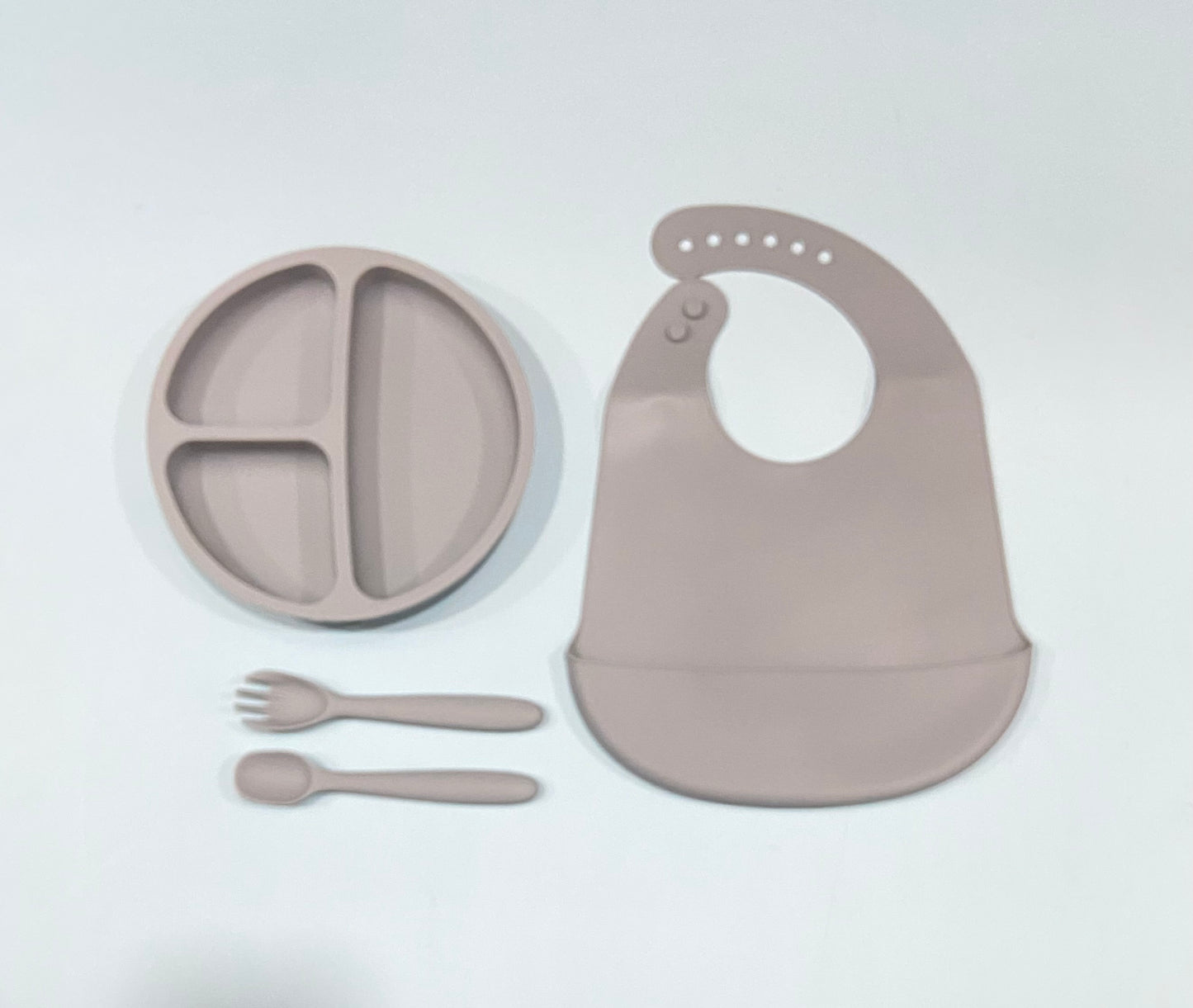 set 4 alimentación plato cuchara tenedor babero silicon gris