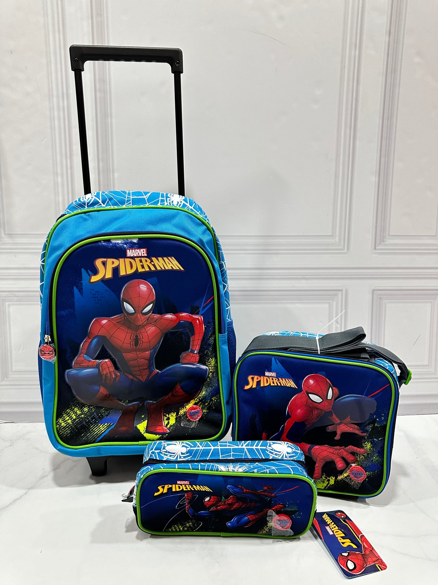 Mochila con ruedas, Lonchera y cartuchera spiderman niño