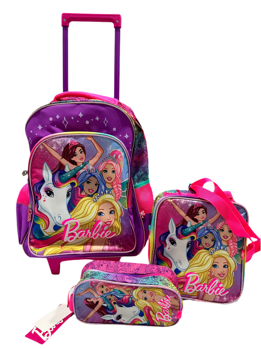 Mochila con ruedas, Lonchera y cartuchera Barbie