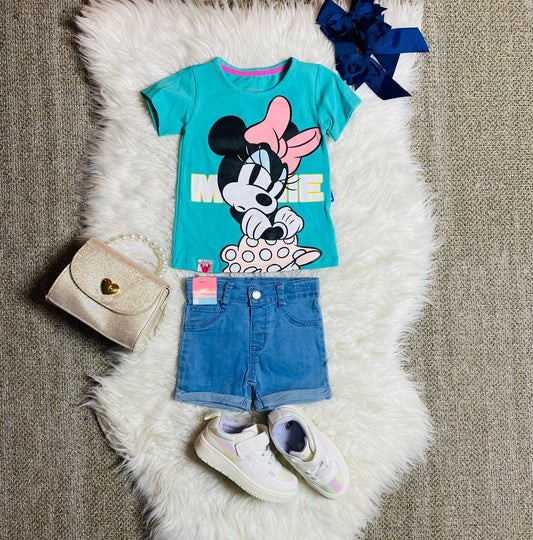 Set 2 piezas camisa verde bebe niña minnie disney