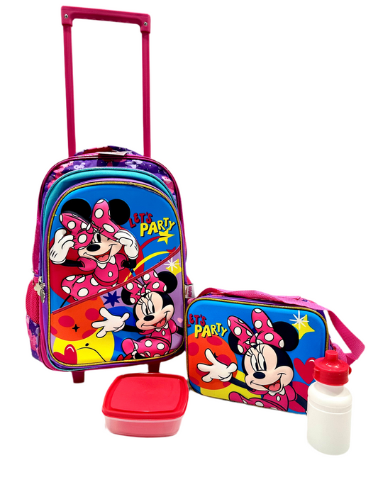 Mochila con ruedas y Lonchera Minnie pana y termo