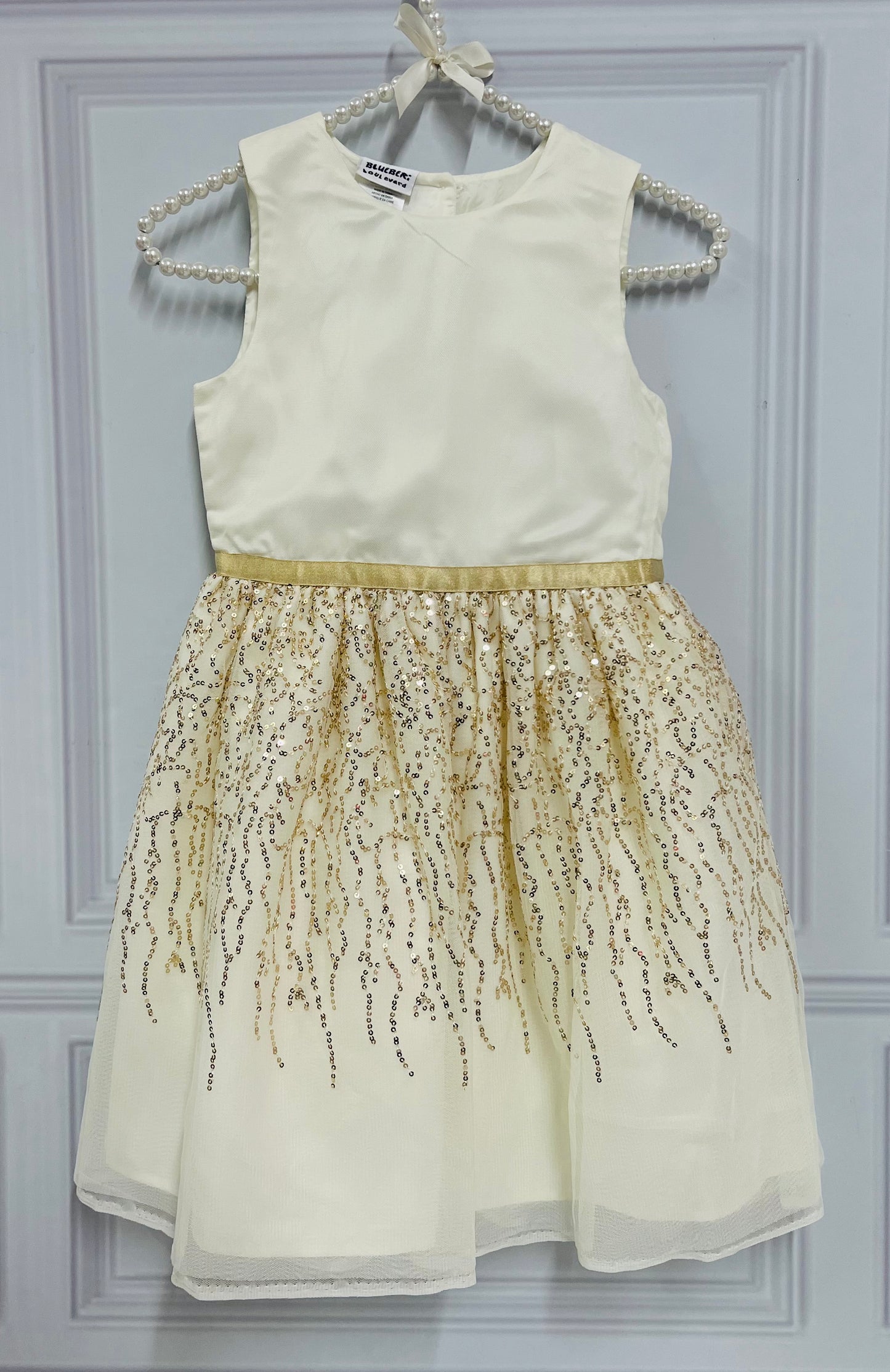 Vestido gala chaleco beige dorado lentejuela bluberri