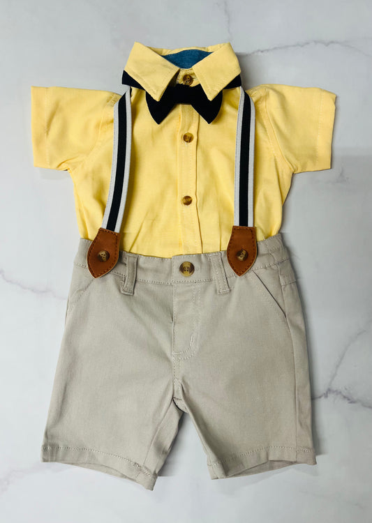 Set 3 piezas con tirantes short y camisa  amarillo niño.