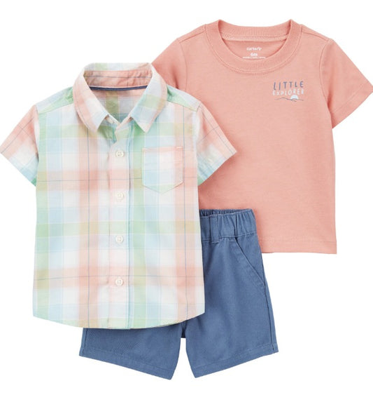 Set 3 piezas Carters short azul camisa short bebe niño