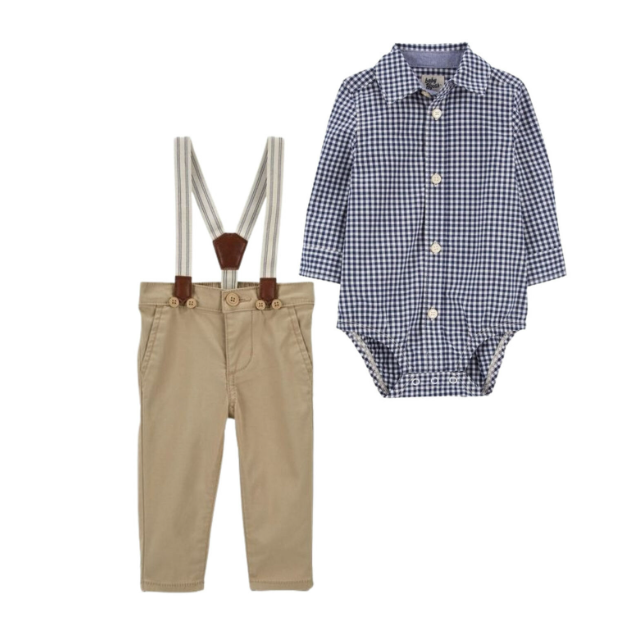 Set 2 piezas formal camisa cuadros pantalon tirantes Oshkosh bebe niño