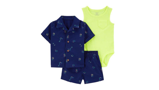 Set 3 piezas Carters bebe niño short camisa mameluco verde azul