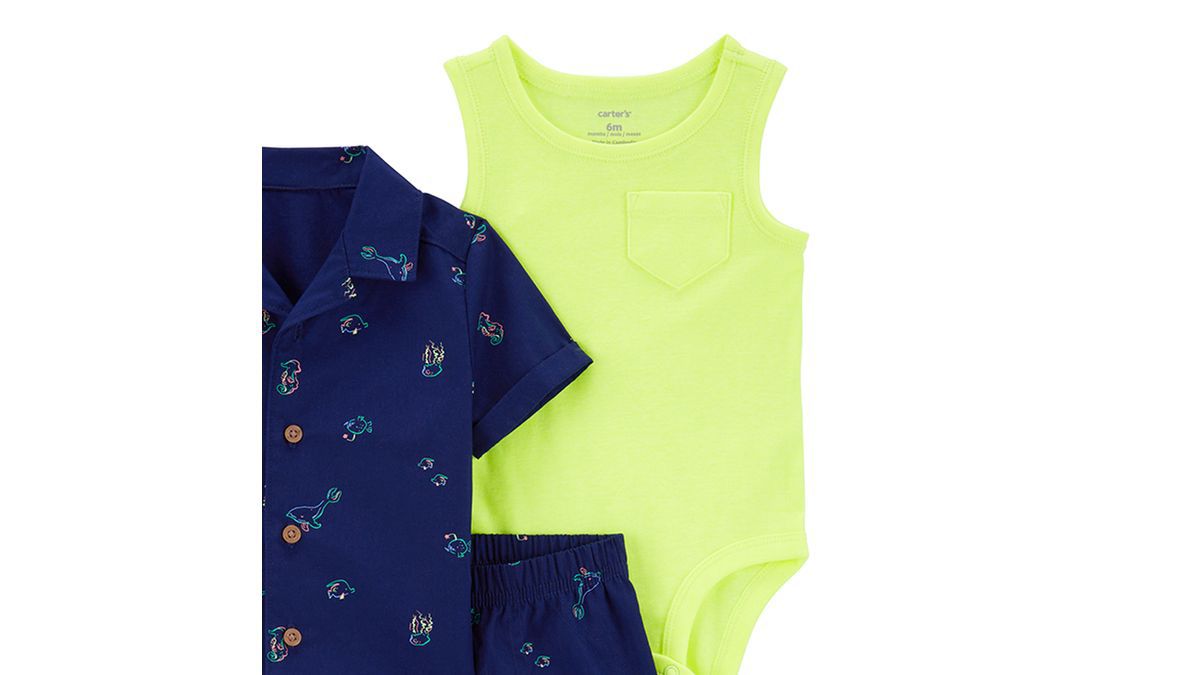 Set 3 piezas Carters bebe niño short camisa mameluco verde azul